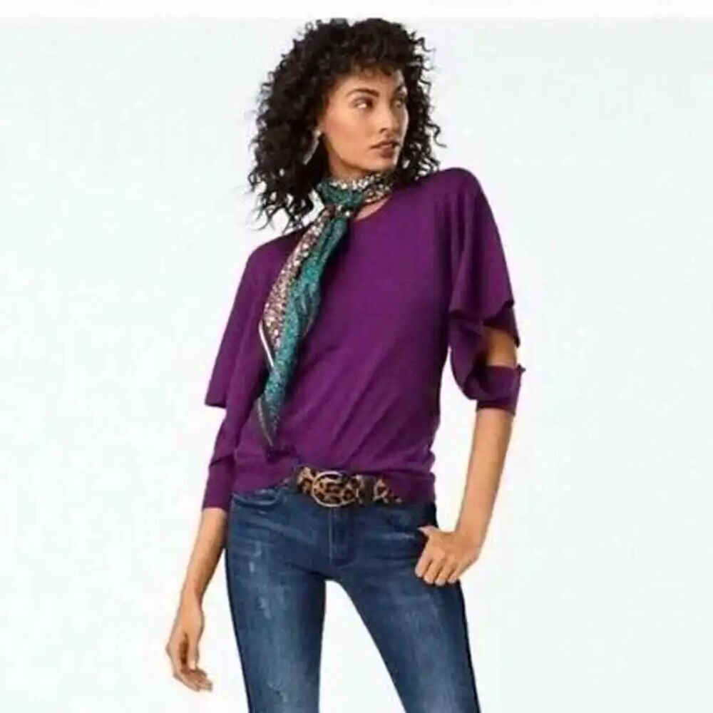 CABI Purple Peek Pullover Crew Neck Knit Open Side Sleeve Blouse Top Size Small